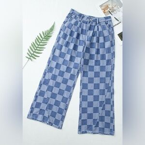 Blue Checkered Denim Pants